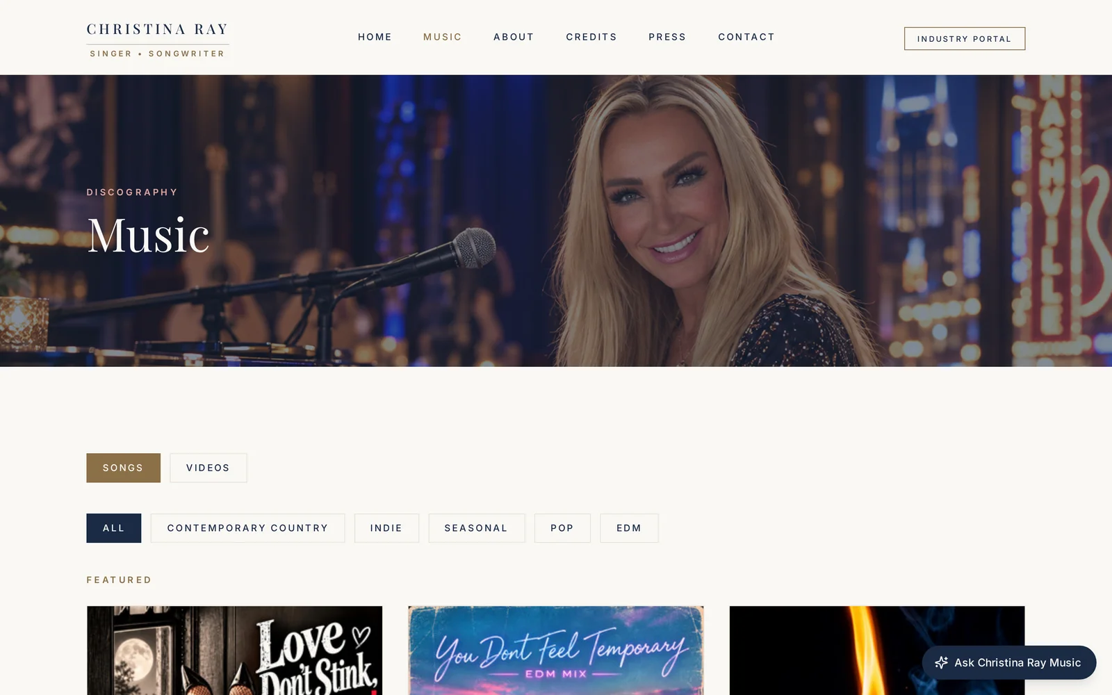 Christina Ray Music: Christina Ray Music song library with genre filters