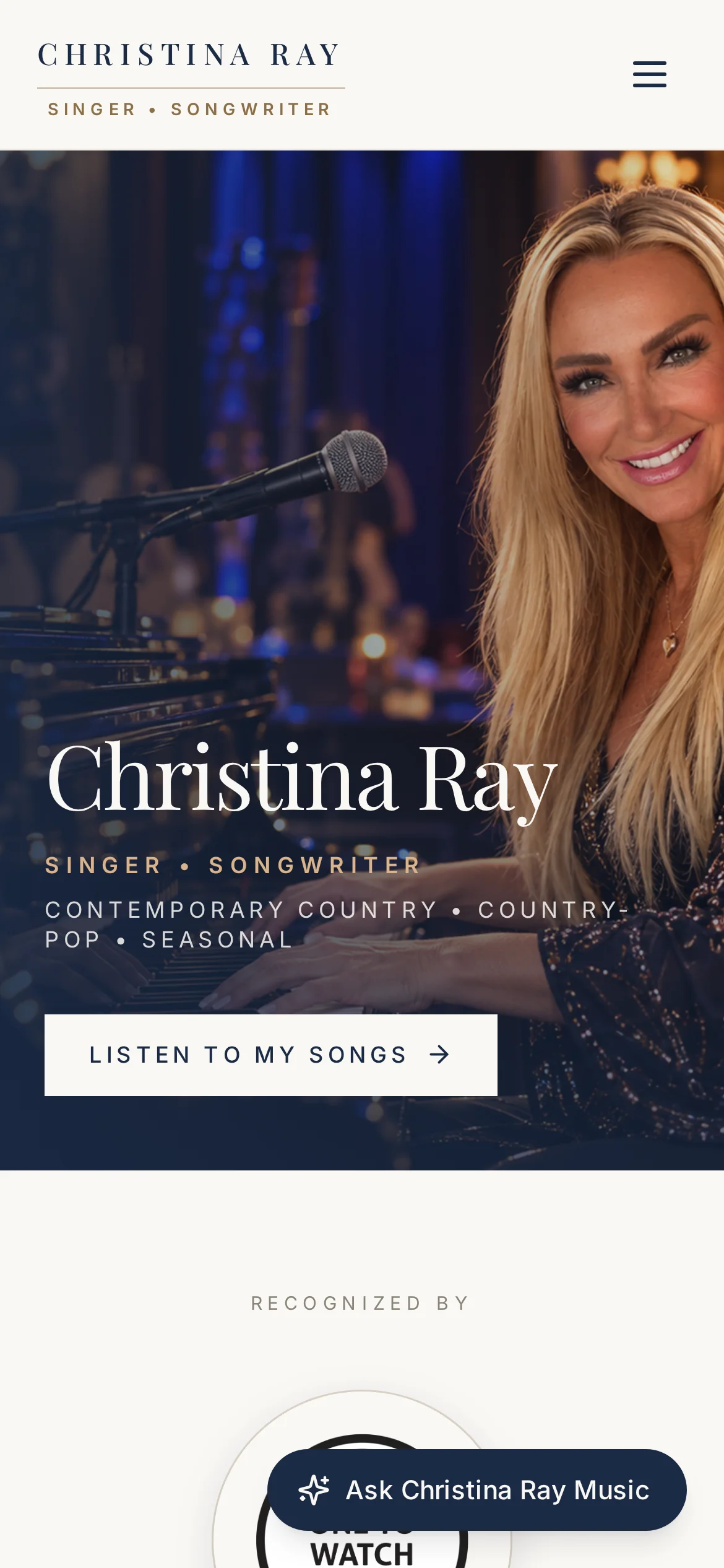 Christina Ray Music website, homepage, mobile view