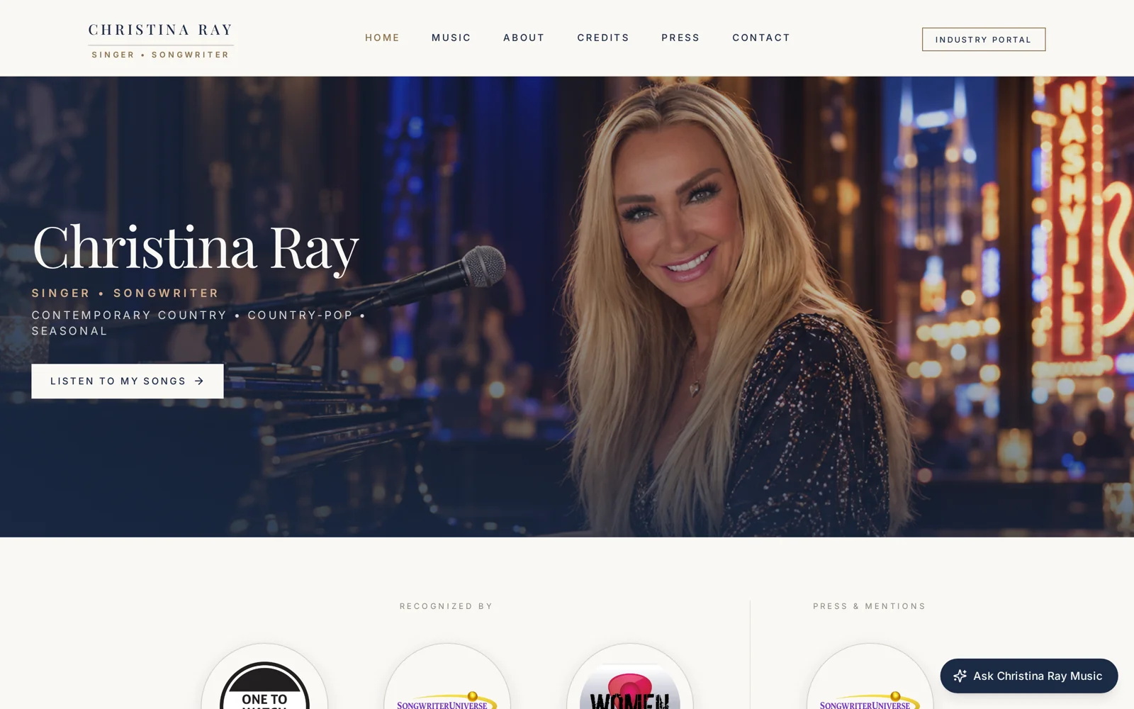 Christina Ray Music: Christina Ray Music website, homepage, desktop view