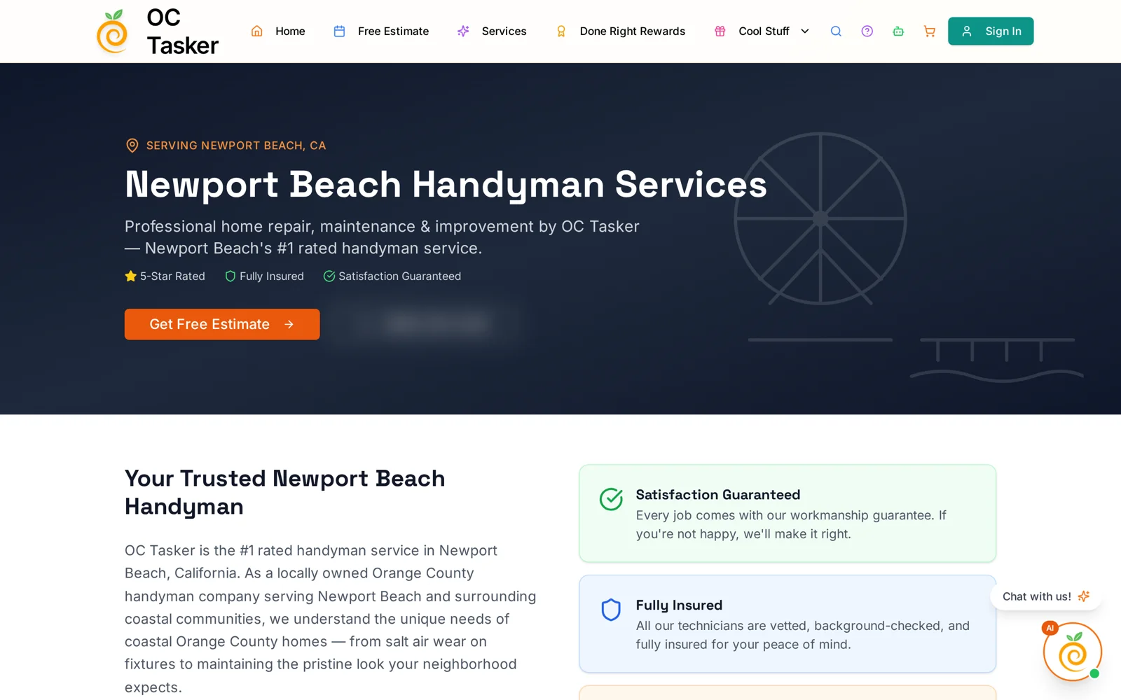 OC Tasker: OC Tasker website, newport beach handyman services page, desktop view