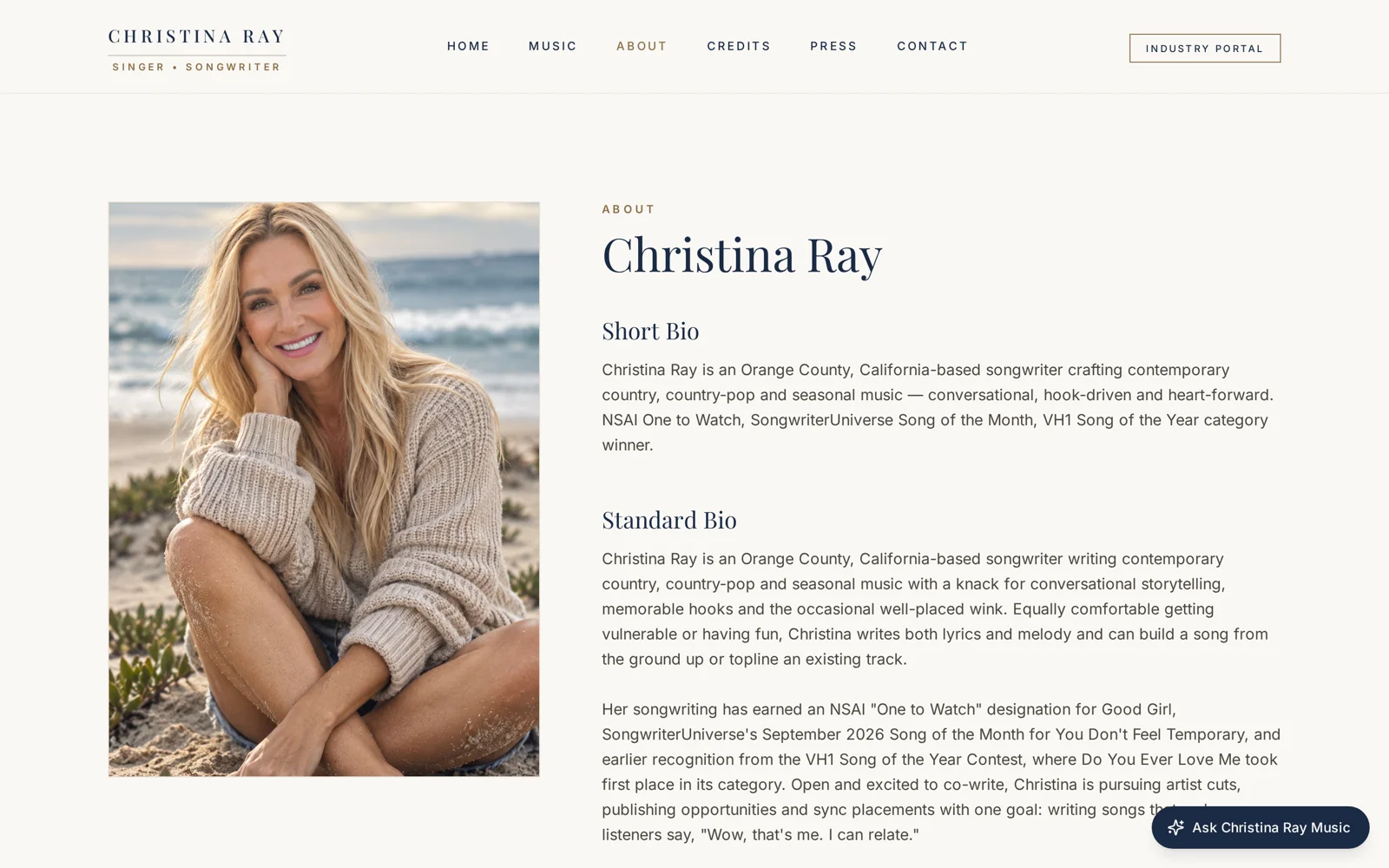 Christina Ray Music: Christina Ray Music website, about page, desktop view