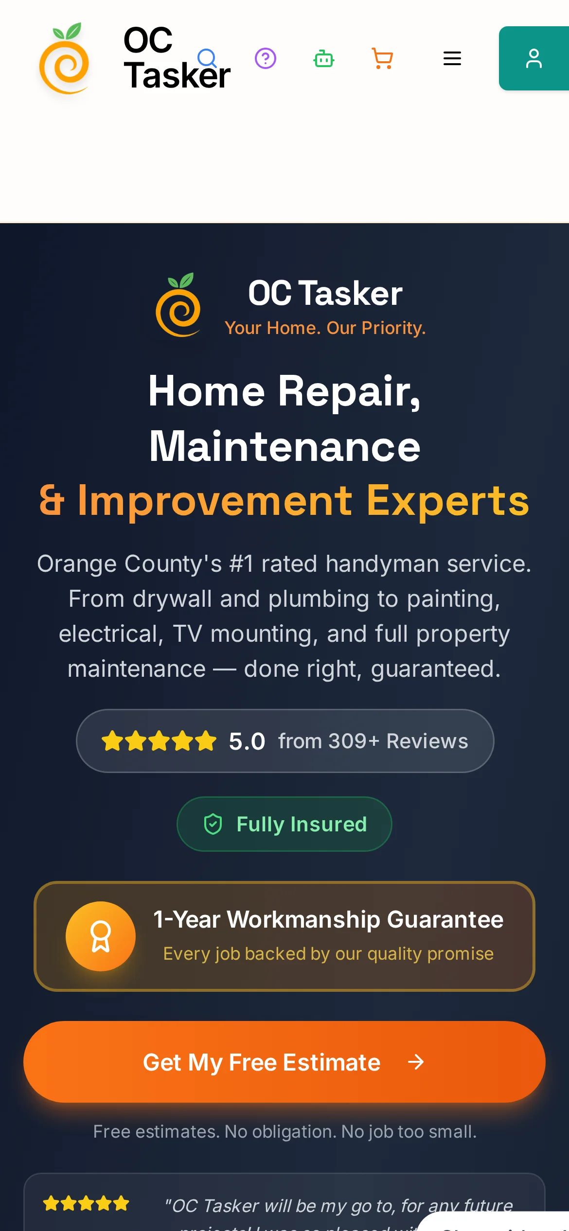 OC Tasker website, homepage, mobile view