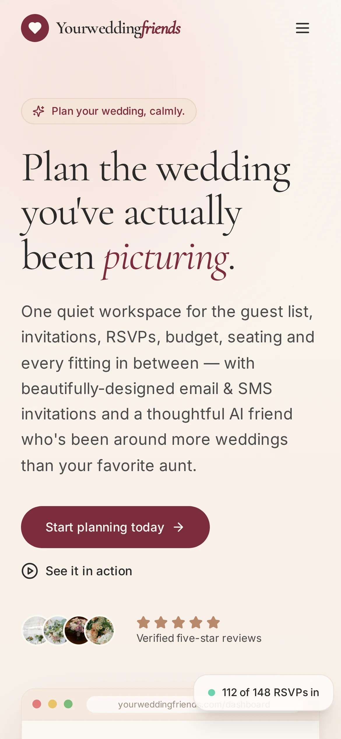 YourWeddingFriends website, homepage, mobile view