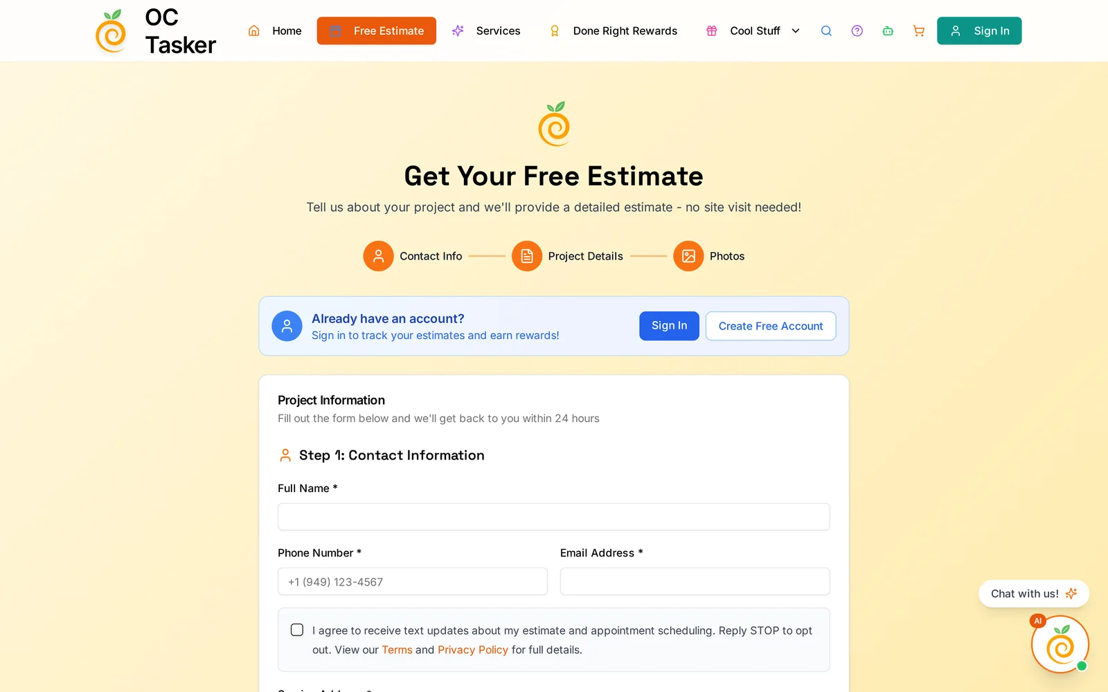 OC Tasker: OC Tasker online estimate request, step 1 contact information